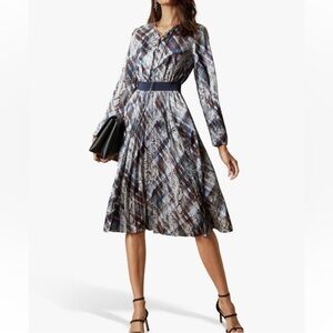 Ted Baker Long-Sleeve Printed Midi Dress in Navy and Brown